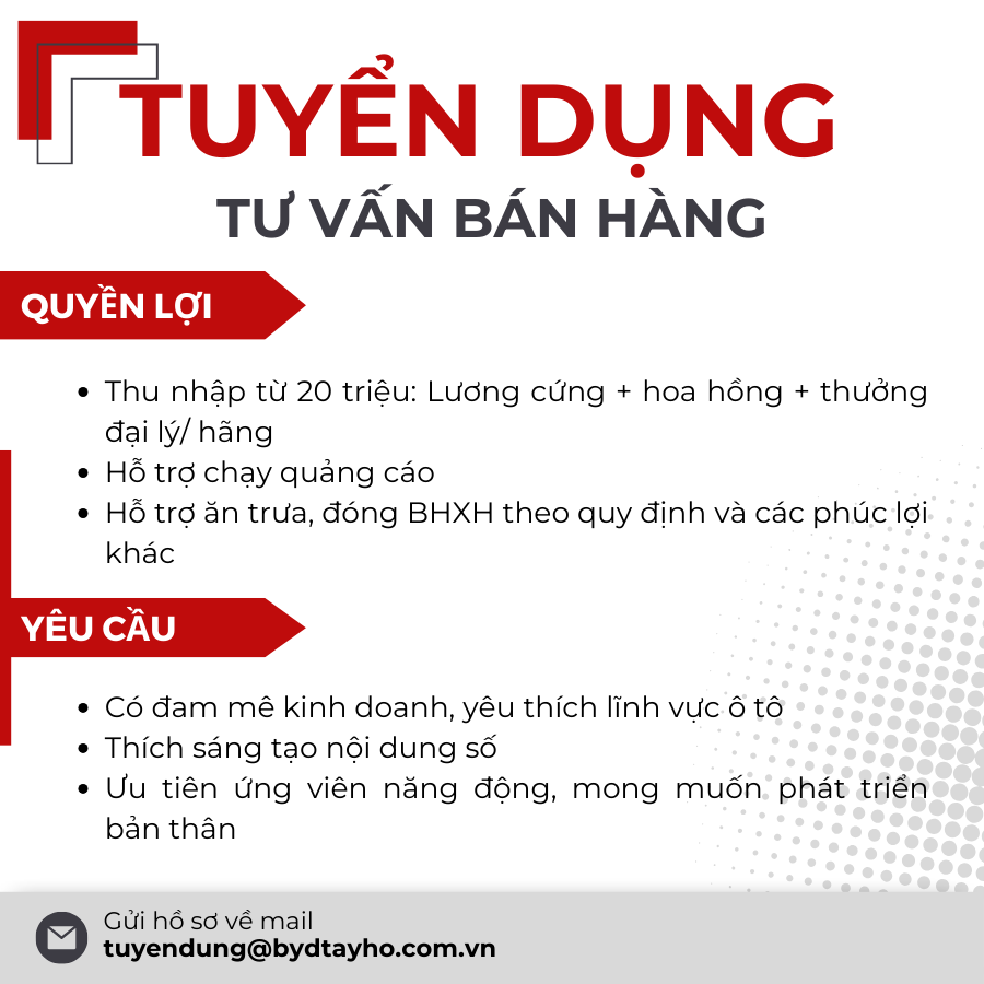 BYD Tuyển dụng 10 tư vấn bán hàng